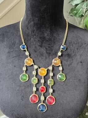 Multicolor Jewel Tone Crystal Rhinestone Cascading Dangle Bib Necklace Set